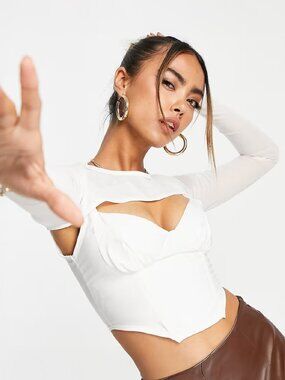 Asyou corset top with detachable mesh sleeve in white